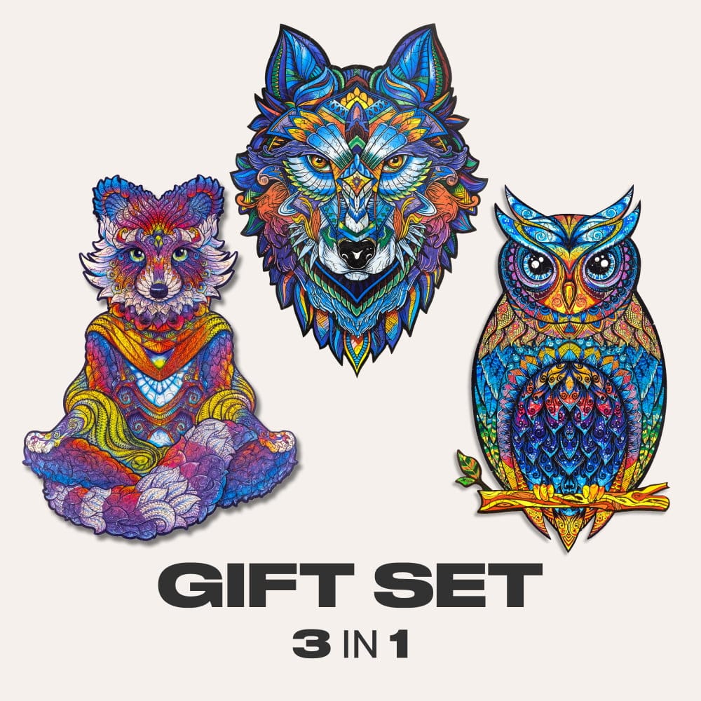 Unidragon Puzzle Size KS/M Animals Gift Set #6 (Charming Owl, Emanating Raccoon, Majestic Wolf)